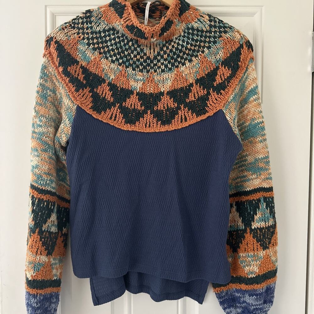 Free People swit the small stuff Waffle Knit Thermal pullover sweater Blue XS